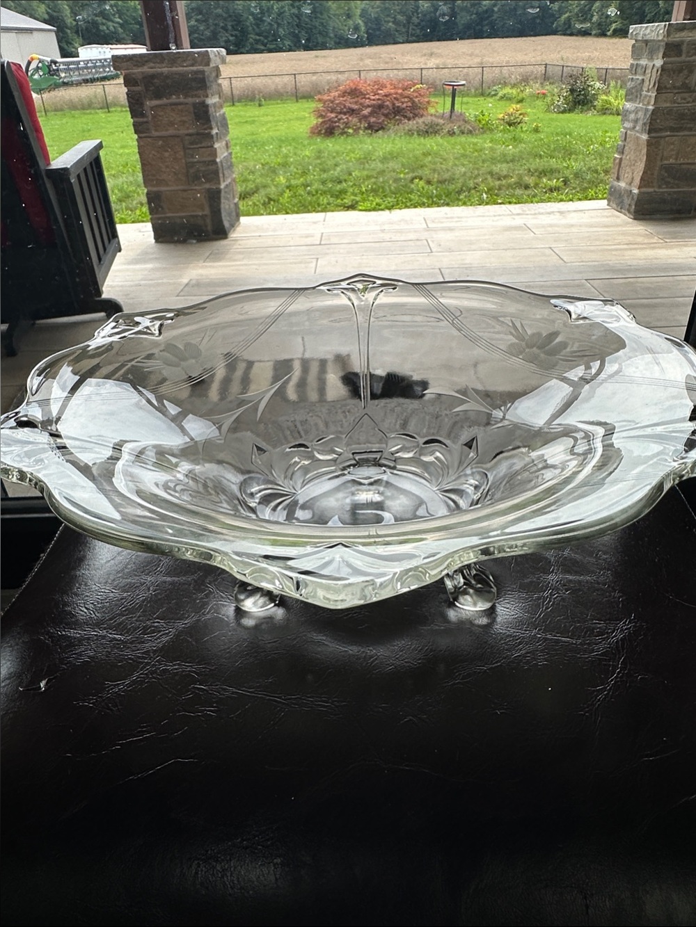 Vintage Etched Clear Depression Glass Footed Serving Bowl/Console Bowl
